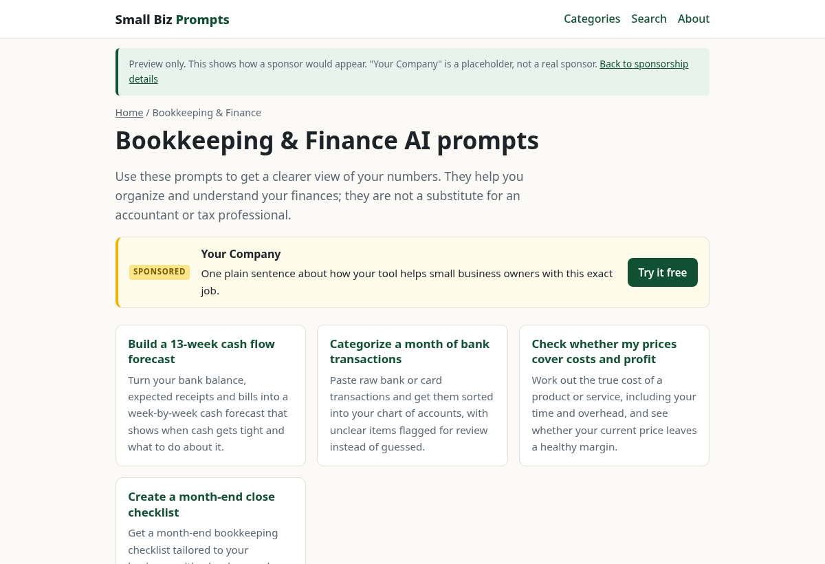 Mockup of a category page with a yellow box labeled Sponsored near the top showing a company name, one sentence and a button